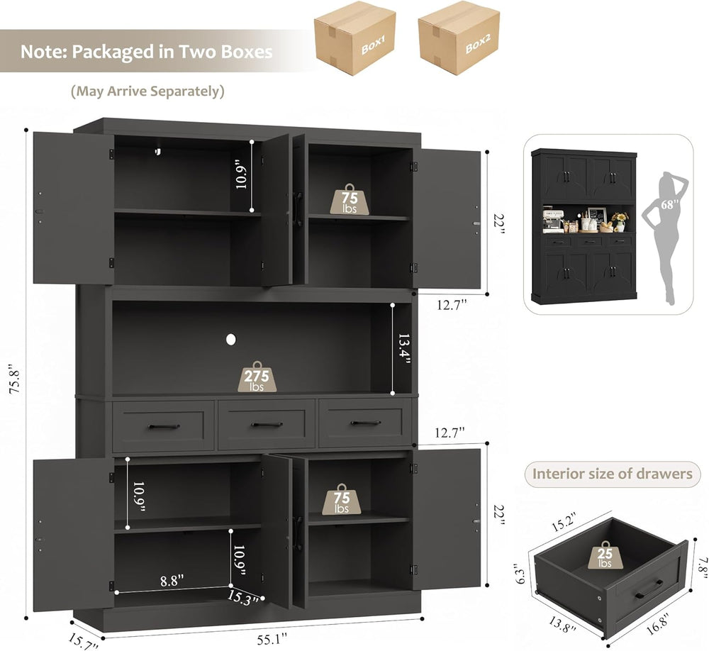 HITHOS 76" Tall Kitchen Pantry Storage Cabinet, 55“ Wide Kitchen Hutch C...