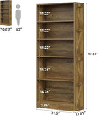 LITTLE TREE 5-Tier Tall Bookcase, 70.8" Farmhouse Wooden Open Bookshelf, Standing Display Shelves for Living Room, Bedroom, Home Office, Rustic Brown