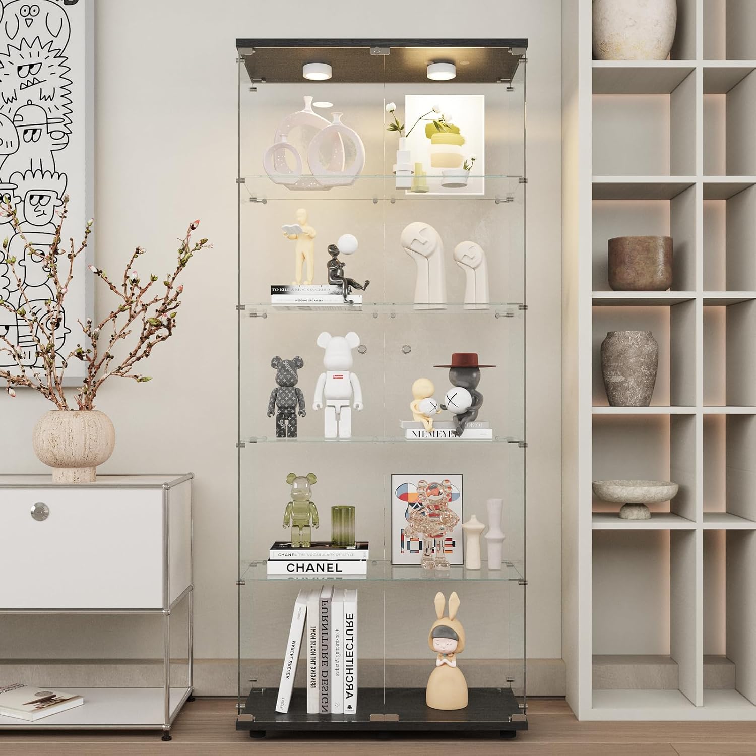Beauty4U Glass Display Cabinet with Lights, 5 Shelves with 2 Doors, Curio Cabinets for Living Room, Bedroom, Office, Black Floor Standing Glass Bookshelf, Quick Installation