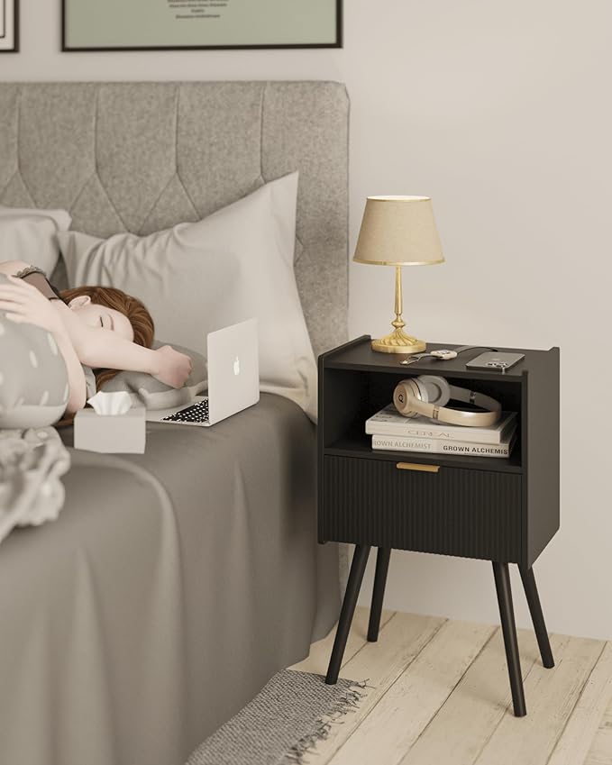 Black Nightstand,Modern Bedside Table with Storage Drawer and Open Wood Shelf...