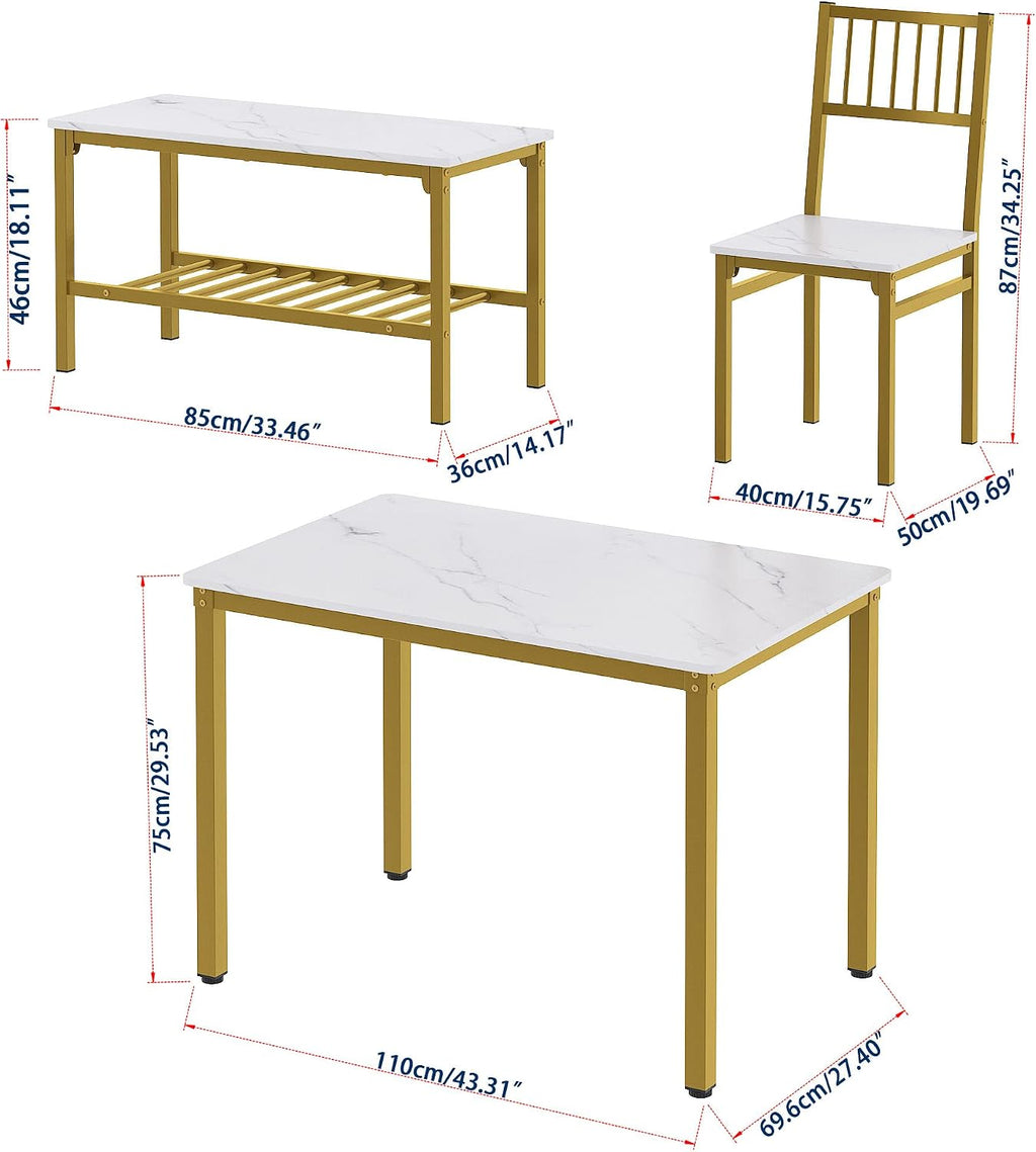 Teraves Dining Table Set for 4, Kitchen Table and 2 Chairs with Bench | 4 Piece Dining Table Set for Small Space, Apartment, Space-saving Dining Room Set with Storage