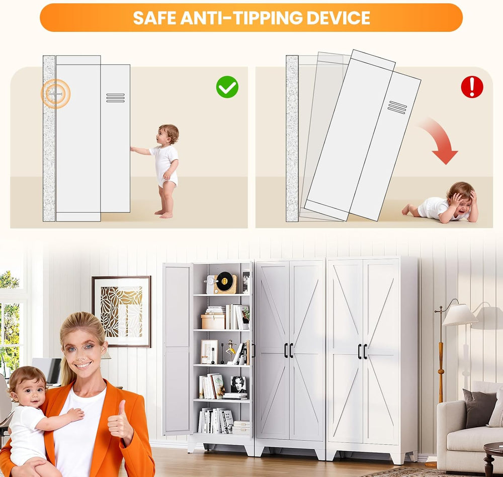 Metal White Storage Cabinet with 2 Doors and 4 Adjustable Shelves, 75" T...