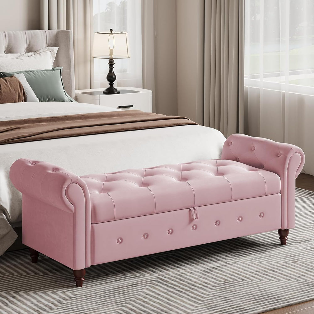 63" Wide Storage Bench, Velvet Upholstered End of Bed Bench with Pull Ri...