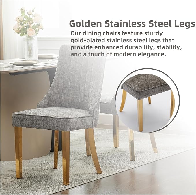 Dining Chairs Set of 2，Modern Channel Tufted Upholstered Dining Chairs with Golden Stainless Steel Legs, Comfortable Chenille Fabric Kitchen Chairs for Dining Room (Grey, 2pc)