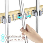 Mop and Broom Holder Wall Mount - Light Wood Broom Mop Hanger - Wall Mounted Garden Tool Rack Organizer for Closet Garage Laundry Room Kitchen With 4 Slots & 4 Hooks