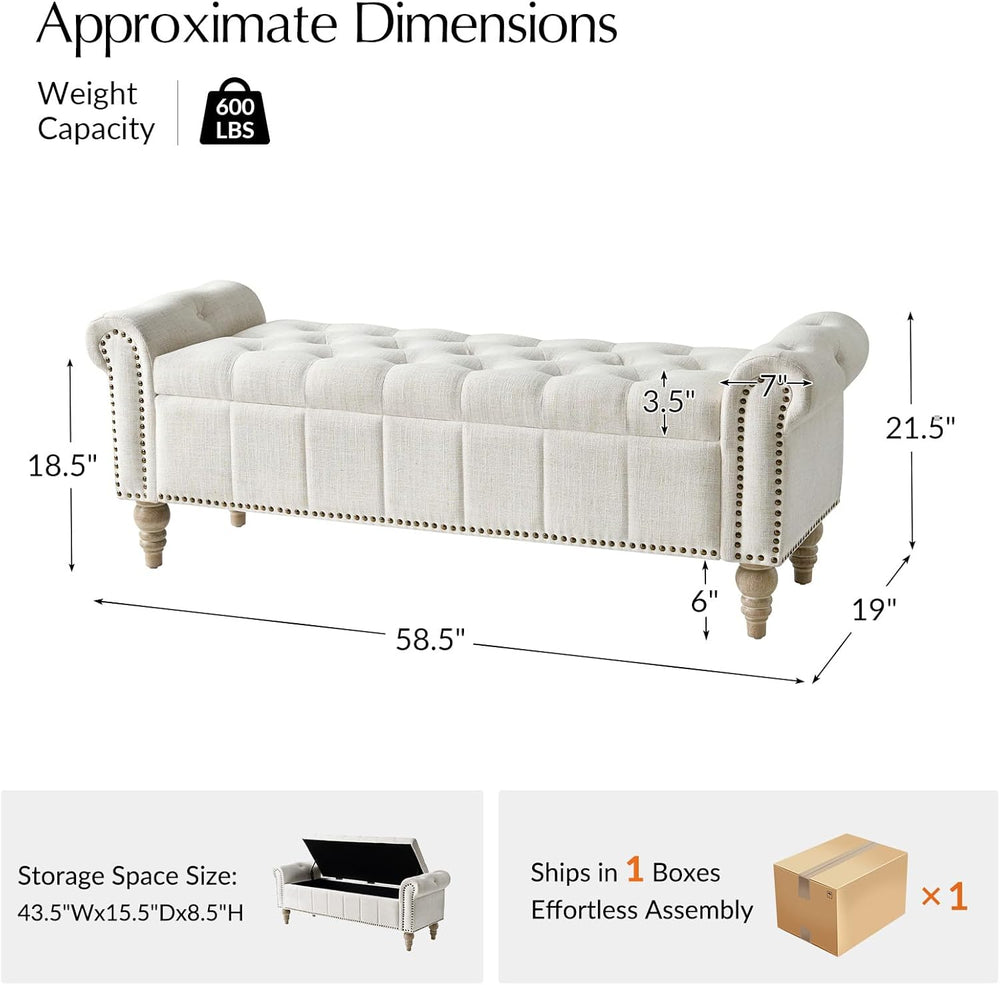 HULALA HOME Farmhouse Upholstered Storage Bench, End of Bed Bench with Vintag...