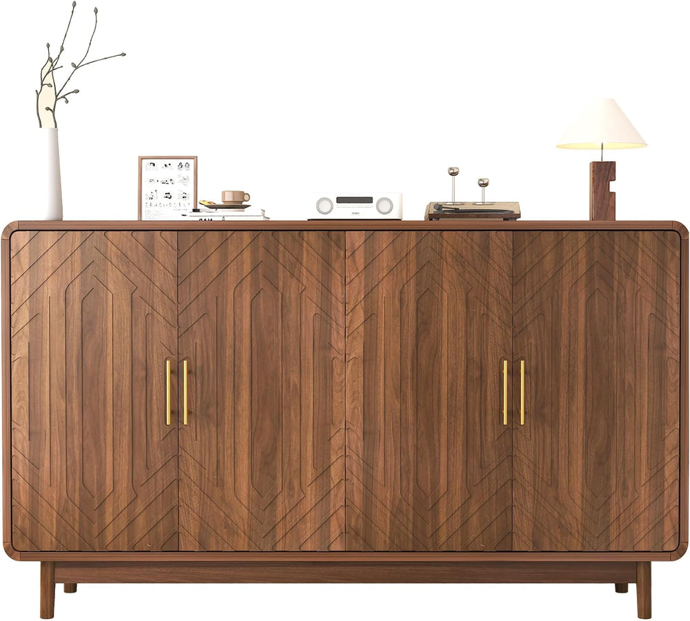 Modern Sideboard Buffet Cabinet with Storage, Carved 4-Door Accent Cabinet wi...
