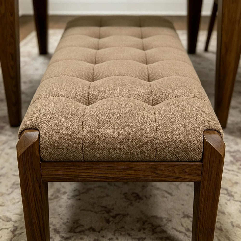 Lartis Solid Wood Dining Bench, Grid Quilted Button Tufted Cotton Linen Uphol...