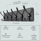 Dseap Coat Rack Wall Mounted - 24" Long 6 Tri Hooks, Heavy Duty Wooden Wall Coat Hanger Coat Hook for Clothes Hat Jacket Clothing, Black, Pack of 2