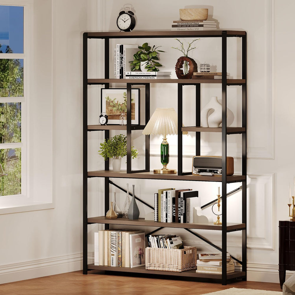 LVB 6 Tier Industrial Bookshelf for Bedroom Living Room Office, Rustic Oak