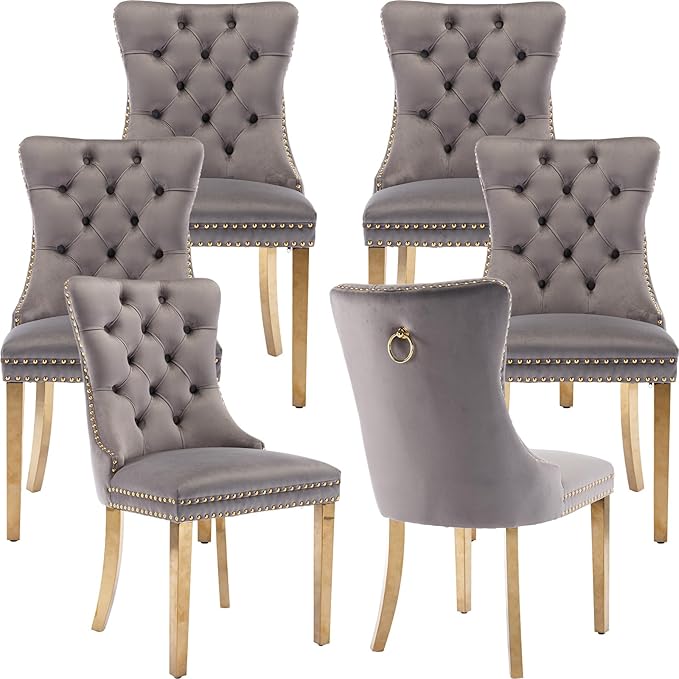 Mid Century Modern Dining Chairs Set of 6, Grey Velvet Upholstered Tufted Back, Kitchen & Dining Room Chairs, Gold Metal Legs, Nailhead Trim, Sillas para Comedor (Gray, 6 Pcs)