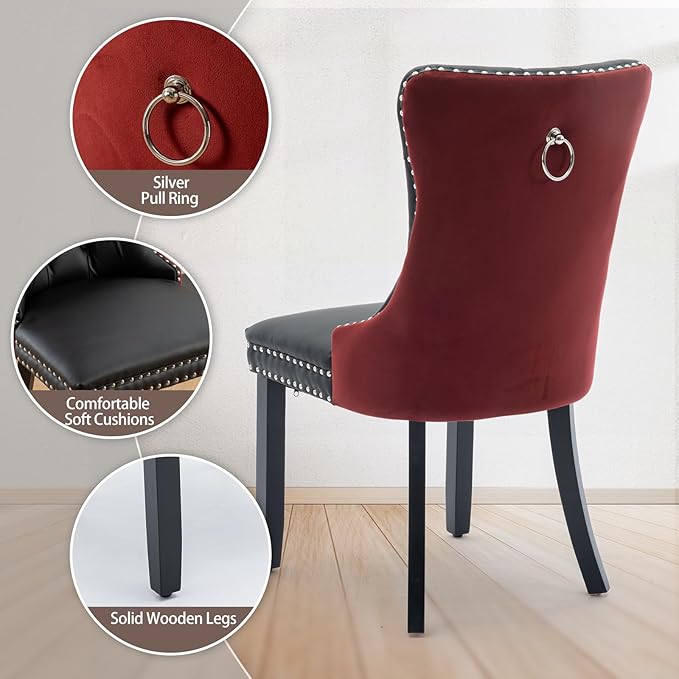 Velvet Dining Chairs Set of 2, High-end Tufted Upholstered Dining Chair with Ring Pull and Solid Wood Legs, Modern Dining Room Chairs for Dining Room, Black PU & Burgundy Velvet