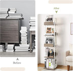 Bikoney Bookshelves 5-Tier, Rotating Bookshelf Tower for Corner, Small Narrow Bookcase, Tall Industrial Bookshelf, Wood and Metal White