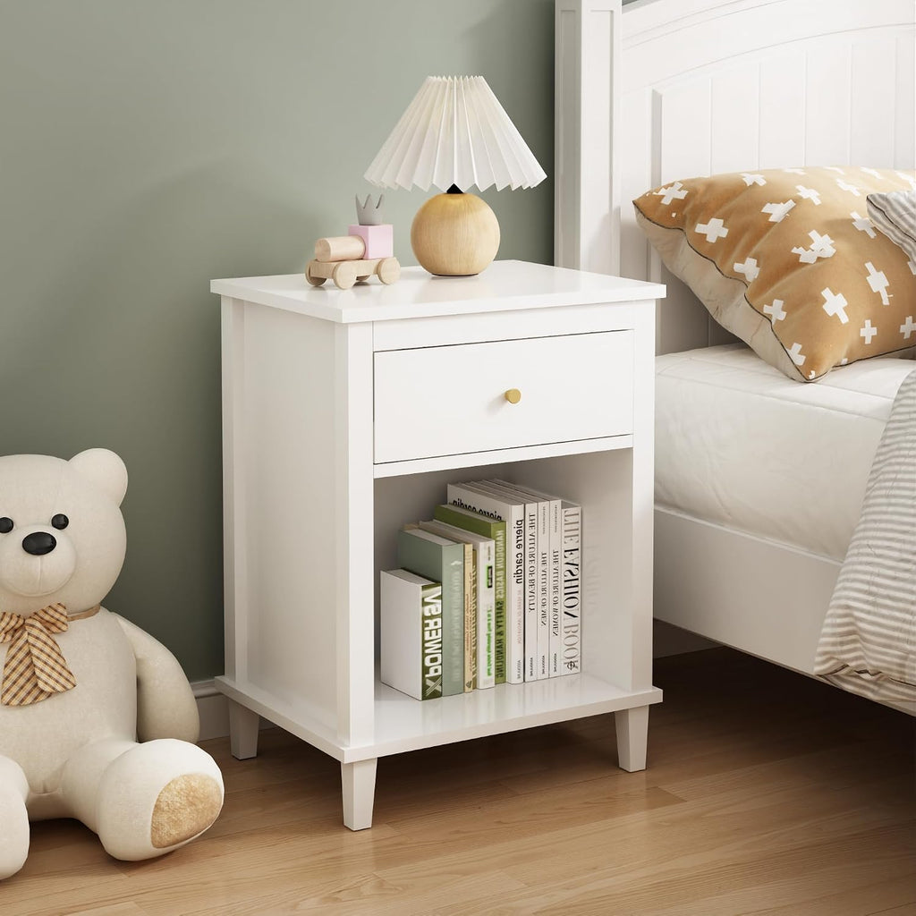extrasleep Kids Nightstand with Storage Drawer, 27''H Wooden Toddler Night Stand for Boys Girls Toddler, Modern End Table with Shelf for Bedroom Living Room, Kids Small Bedside Table (White)