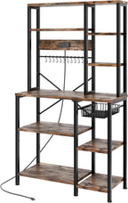 GRUSIGN Kitchen Bakers Rack with Storage, 6-Tier Coffee Bar Station with Power Outlet, Microwave Stand with 12 S-Shaped Hooks, Open Kitchen Storage Shelves for Spices, Pots and Pans, Rustic Brown