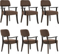Modern Wood Dining Chairs with Arms Set of 6, Velvet Upholstered Kitchen Chairs with Open Curved Backrest & Black Hardwood Legs, Accent Chairs 350 LBS Capacity, Brown