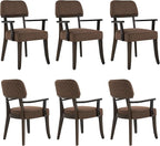 Modern Wood Dining Chairs with Arms Set of 6, Velvet Upholstered Kitchen Chairs with Open Curved Backrest & Black Hardwood Legs, Accent Chairs 350 LBS Capacity, Brown