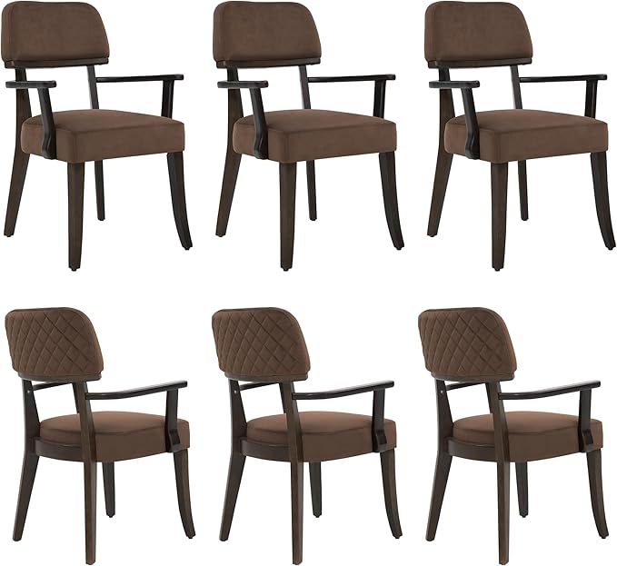 Modern Wood Dining Chairs with Arms Set of 6, Velvet Upholstered Kitchen Chairs with Open Curved Backrest & Black Hardwood Legs, Accent Chairs 350 LBS Capacity, Brown