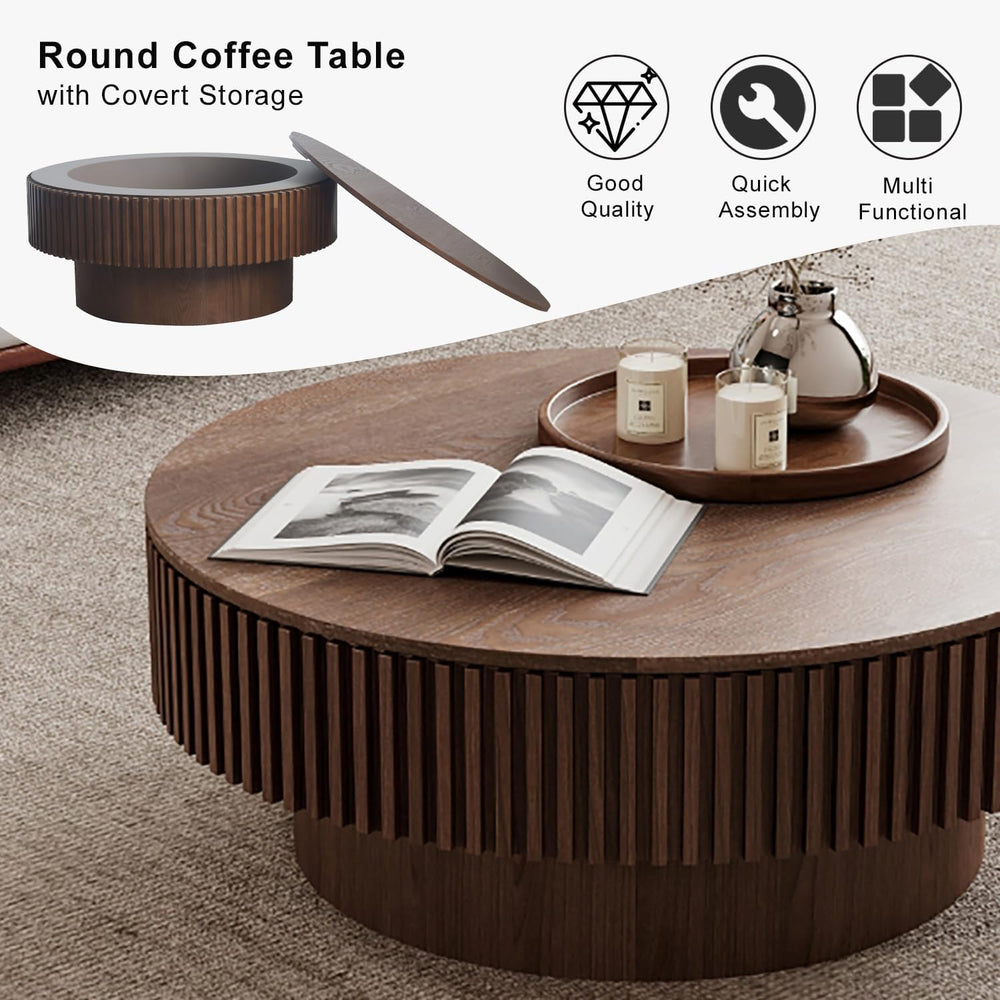 Round Coffee Table with Storage, Modern Wooden Coffee Table