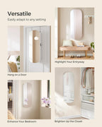 SONGMICS Jewelry Organizer, LED Jewelry Cabinet Wall/Door Mounted, Lockable Rounded Wide Mirror with Storage, Interior Mirror, 3.9 x 16.5 x 42.5 Inches, White Surface with Greige Lining