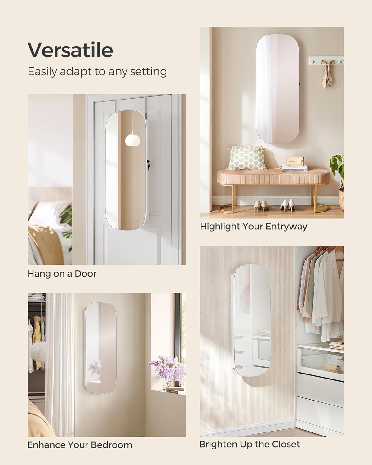 SONGMICS Jewelry Organizer, LED Jewelry Cabinet Wall/Door Mounted, Lockable Rounded Wide Mirror with Storage, Interior Mirror, 3.9 x 16.5 x 42.5 Inches, White Surface with Greige Lining