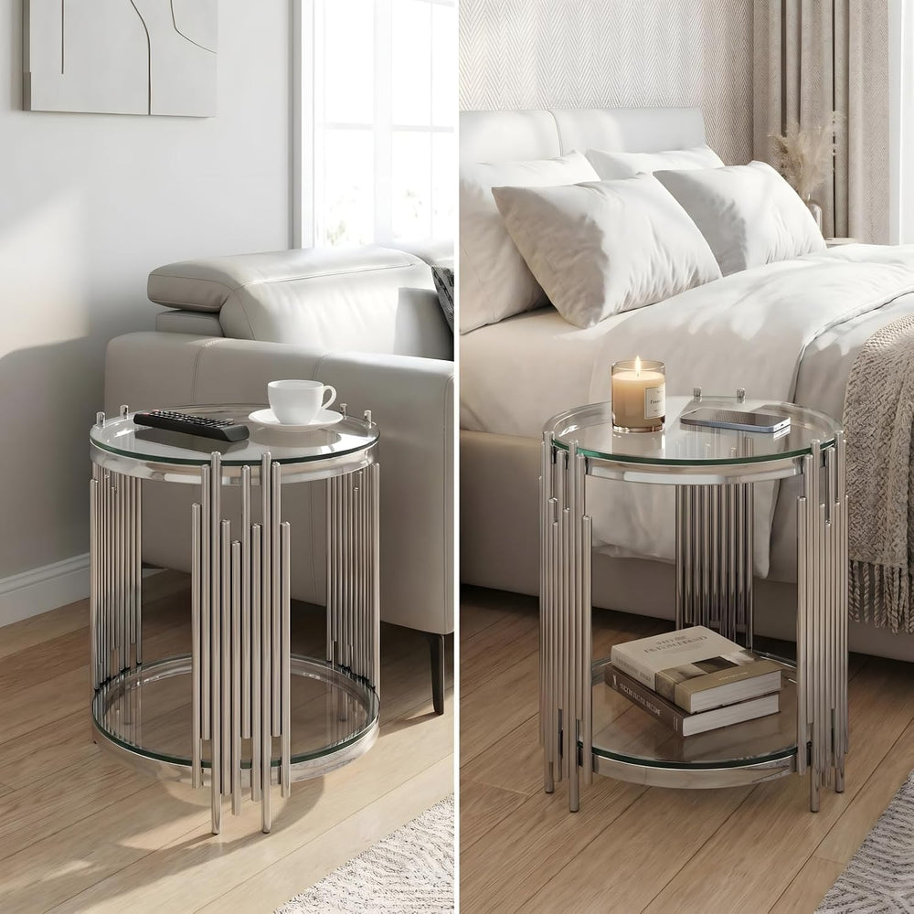 19.7" Luxury Round Silver End Table with 2-Tier Clear Tempered Glass She...