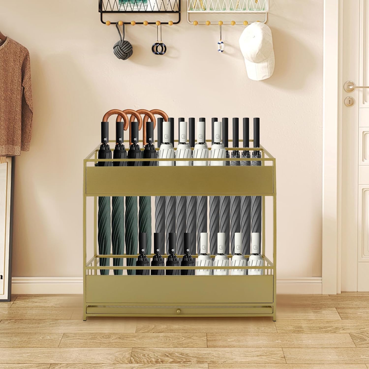 Metal Umbrella Storage Rack, Freestanding Entrance Umbrella Holder, Walking Cane Organizer Stand with Removable Water Drip Tray for Indoor Outdoor Home Office Entryway