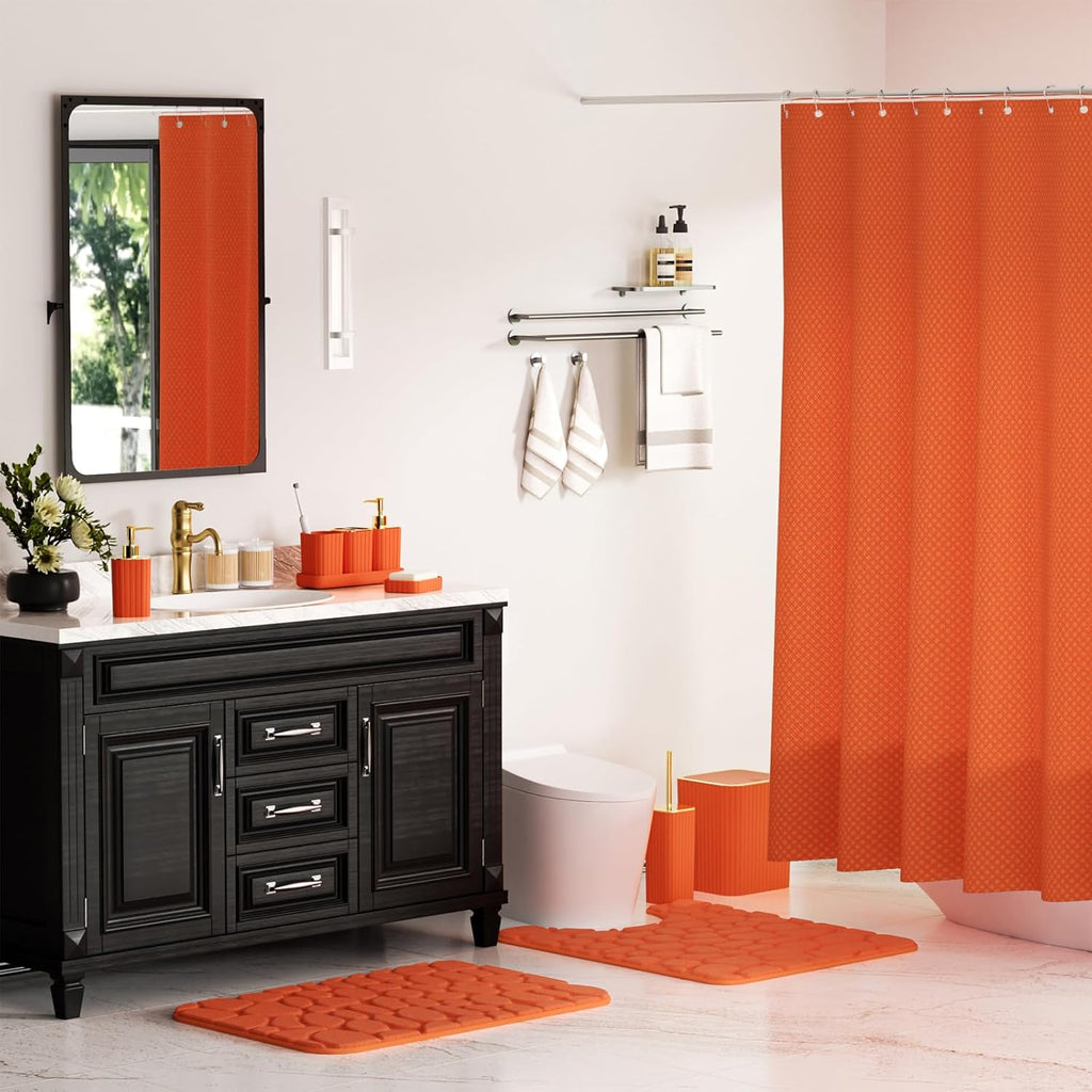 Bathroom Accessories Set - 25PC Bathroom Sets with Shower Curtain and Rugs, Orange Bathroom Accessories with Trash Can, Soap Dispenser, Soap Dish & Toilet Brush