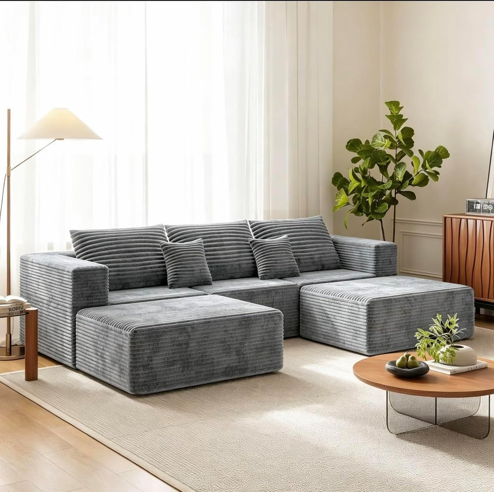 110" U Shaped Sectional Sofa with 2 Ottomans, Modular Corduroy Cloud Cou...