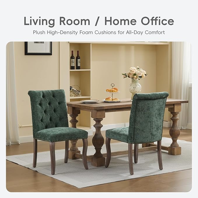 Upholstered Tufted Chenille Dining Side Chairs, Armless Nailhead Trim Chairs with Solid Wood Legs, Modern Farmhouse Chairs for Dining Room, Kitchen & Living Room (Set of 4, Olive Green)