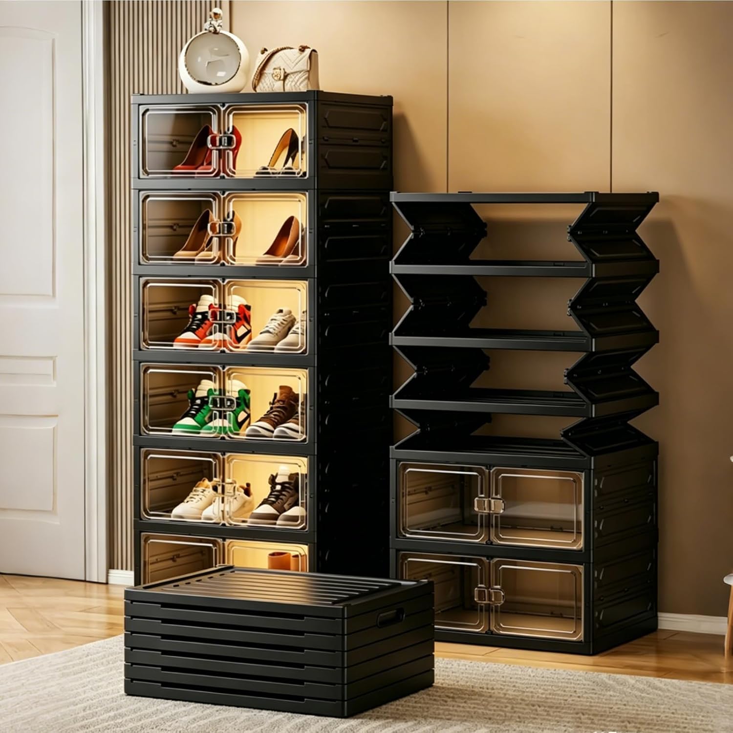 UFORU 9-Tier Black Foldable Shoe Rack,18-Pair Organizer with Magnetic Doors | Dustproof Enclosed Storage with Clear Magnetic Doors,Easy to Assemble for Closets,Entryways,Bedrooms ,Large Boxes