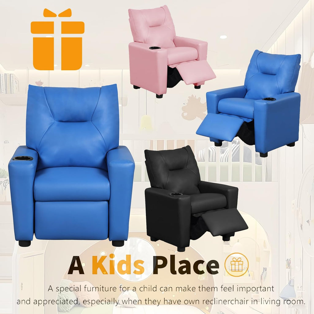 Kids Recliner Chair w/ Cup Holder, Toddler Recliner Chair Ages 1-4, 2-in-1 PU Leather Single Sofa for Boys/Girls, Kids Lazy Boy Chairs, Upholstered Armchair, Adjustable Backrest & Footrest (Blue-NEW)