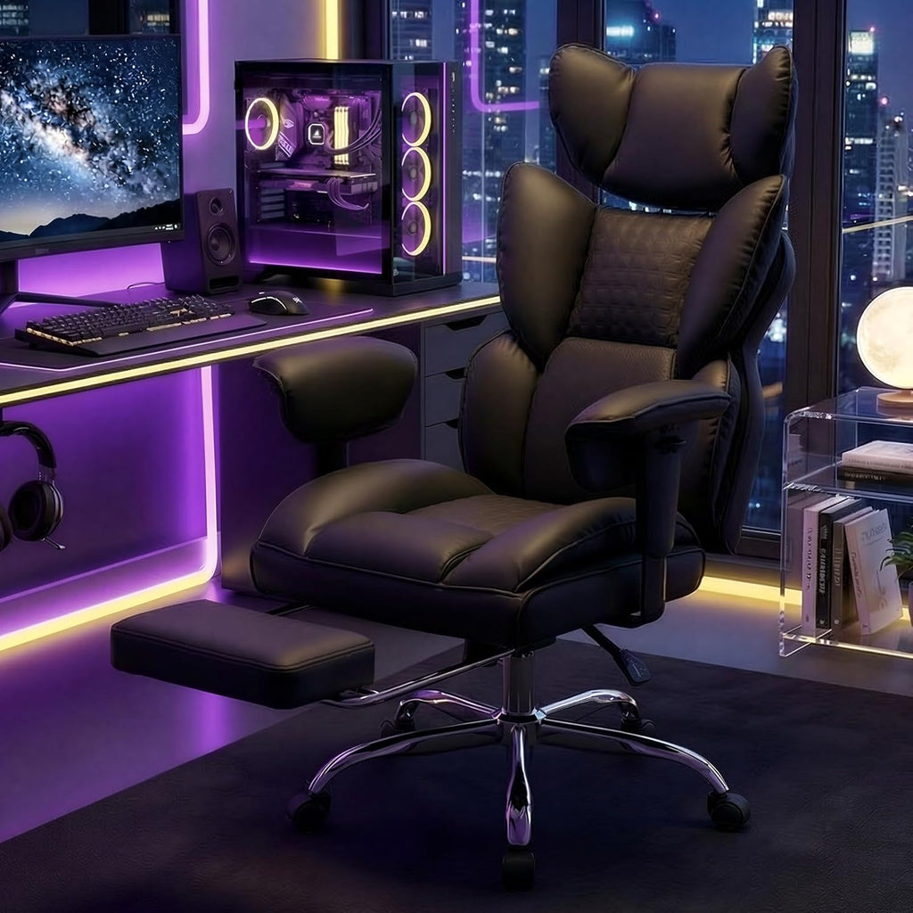 DUMOS Big and Tall Home Office Desk Chair, Gaming Computer Chair, Executive Ergonomic Chair with Footrest, High Back Reclining, Adjustable Armrests and Comfy Lumbar Support, PU Leather, Black