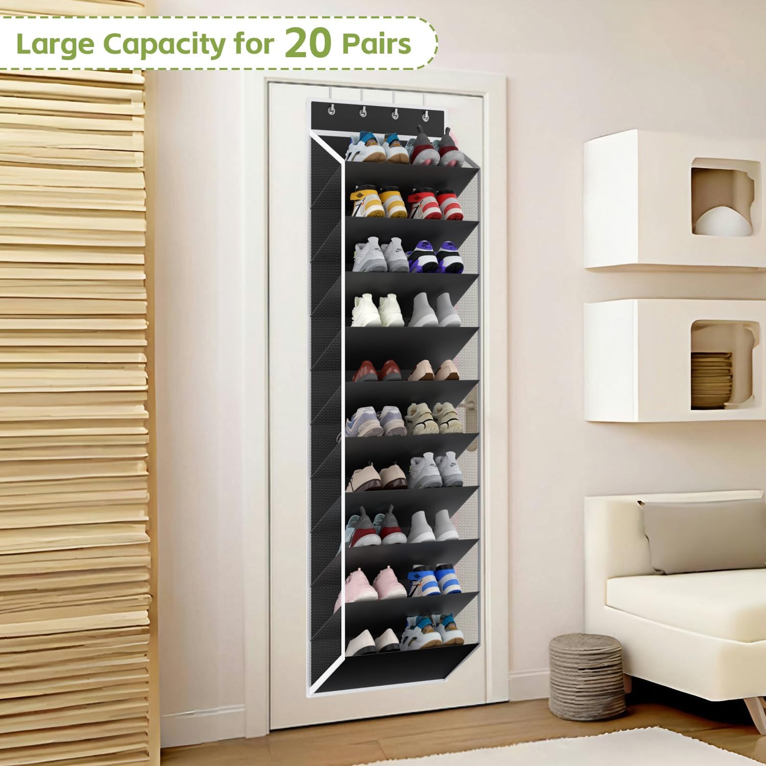 KEEPJOY 10 Tiers Mesh Over Door Shoe Organizer Storage, Hanging Shoe Holder for Door with Large Deep Pockets, Fit 20-30 Pairs Shoe Rack for Sneakers, Boots.(Black)