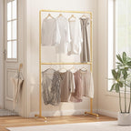 Industrial Pipe Clothing Rack, Heavy Duty Metal Clothes Rack with Double Rods, Freestanding Garment Rack for Bedroom Boutique Retail Use (Gold)