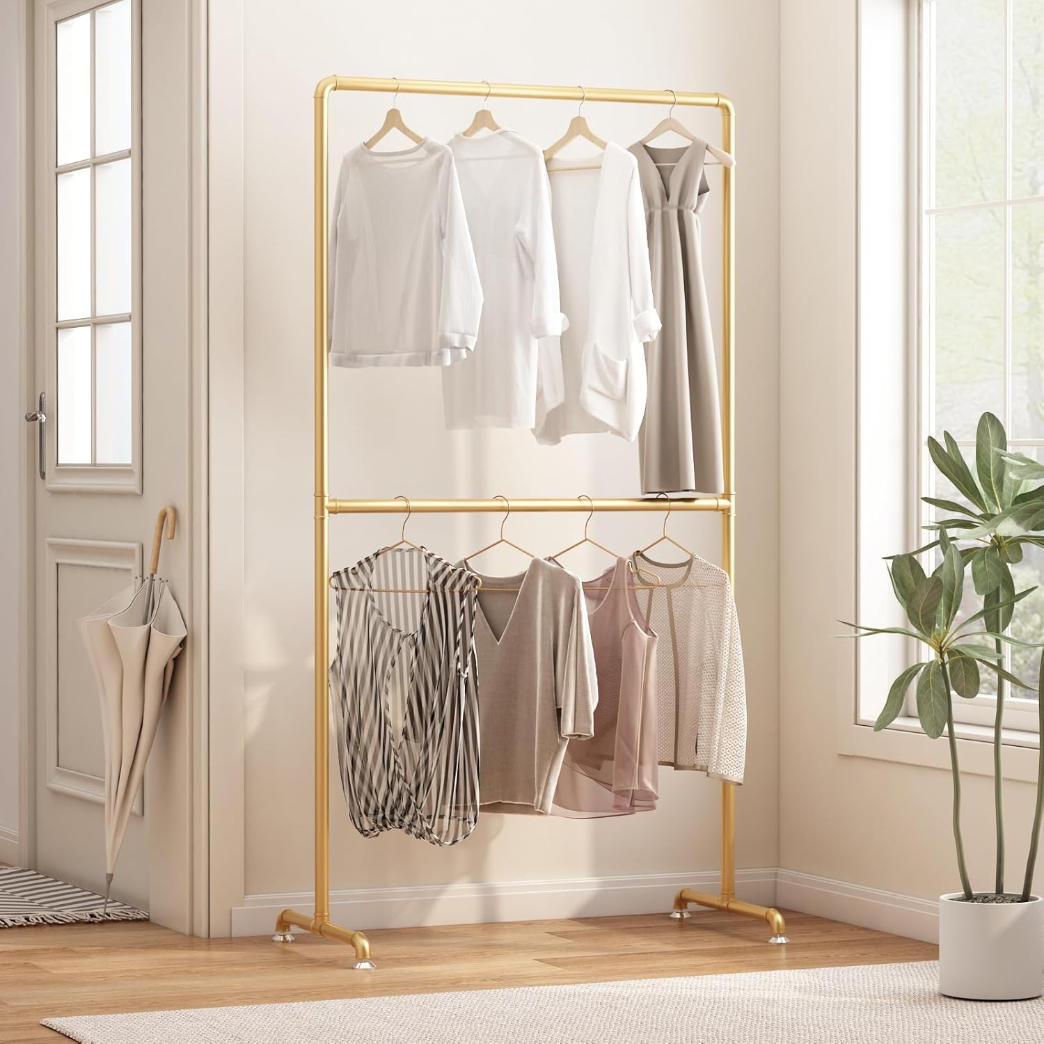 Industrial Pipe Clothing Rack, Heavy Duty Metal Clothes Rack with Double Rods, Freestanding Garment Rack for Bedroom Boutique Retail Use (Gold)