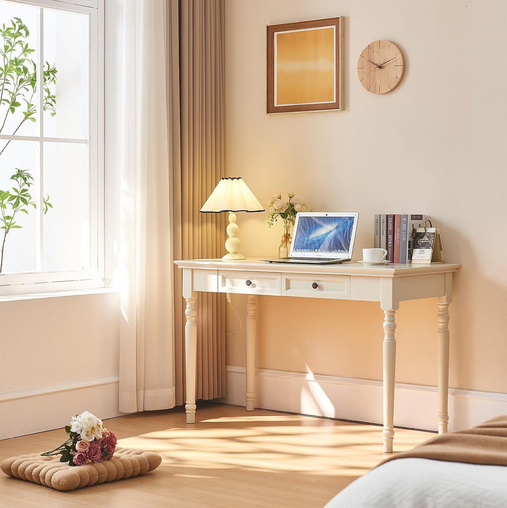 French Country Style Writing Desk with Drawers, White, 47''