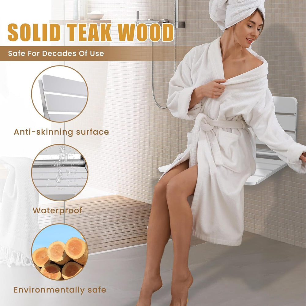 Teak Folding Shower Seat Wall Mounted, 16" Foldable Shower Bench, 400lbs...