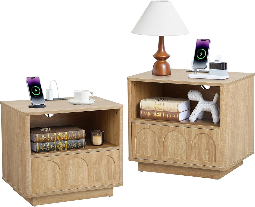 Small Nightstand Set of 2 with Charging Station, Accent Bedside Nightstand wi...