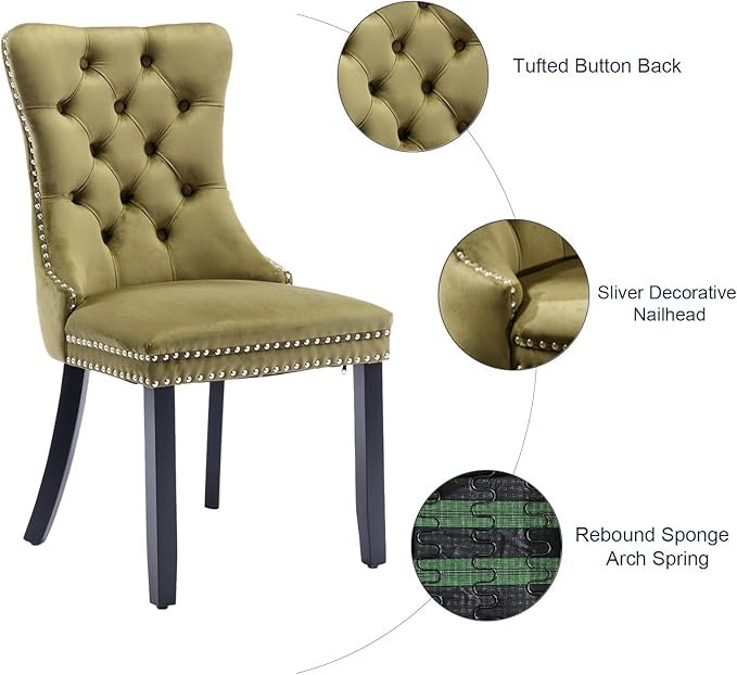 Velvet Dining Chairs Set of 4, Tufted Upholstered Dining Room Chairs with Back Ring Pull, Nailhead Trim and Solid Wood Legs, Modern Dining Chairs for Dining Room, Kitchen,Olive Green