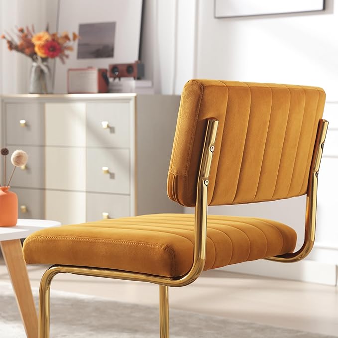 ONEVOG Orange Velvet Dining Chairs Set of 4, Upholstered Kitchen Dining Room Chairs, Comfy Chair with Gold Metal Legs, Cantilevered Design Chair for Bedroom, Living Room