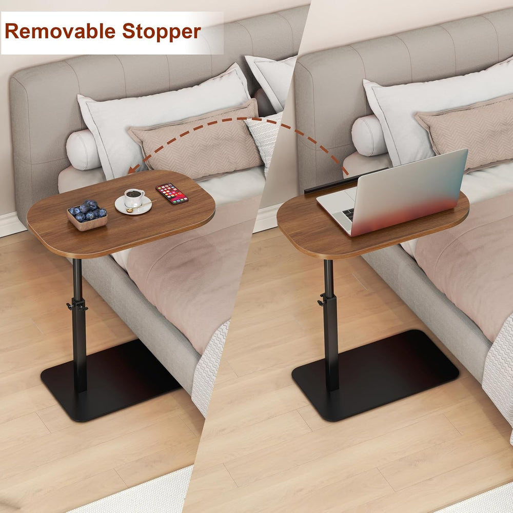Solid Wood C Shaped Side Table for Sofa/Bed, Adjustable Height C Shaped End T...