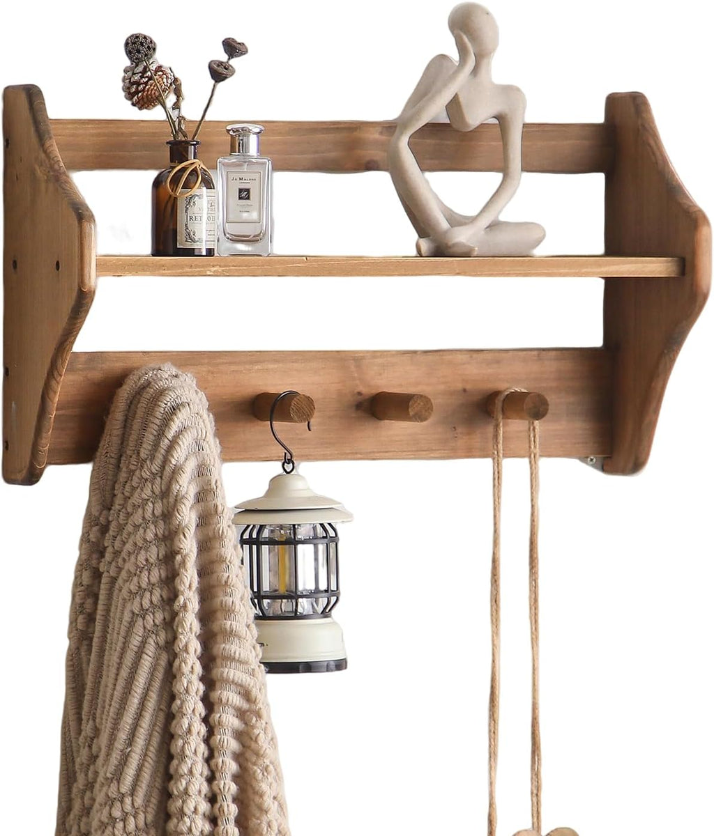 100% Solid Wood Wall Hooks with Shelf, Rustic Coat Rack with Shelf Wall-Mounted, Farmhouse Decor Shelves with 4 Hooks for Clothes Hats Towel Purse Robes, Bathroom Mudroom Bedroom, Entryway