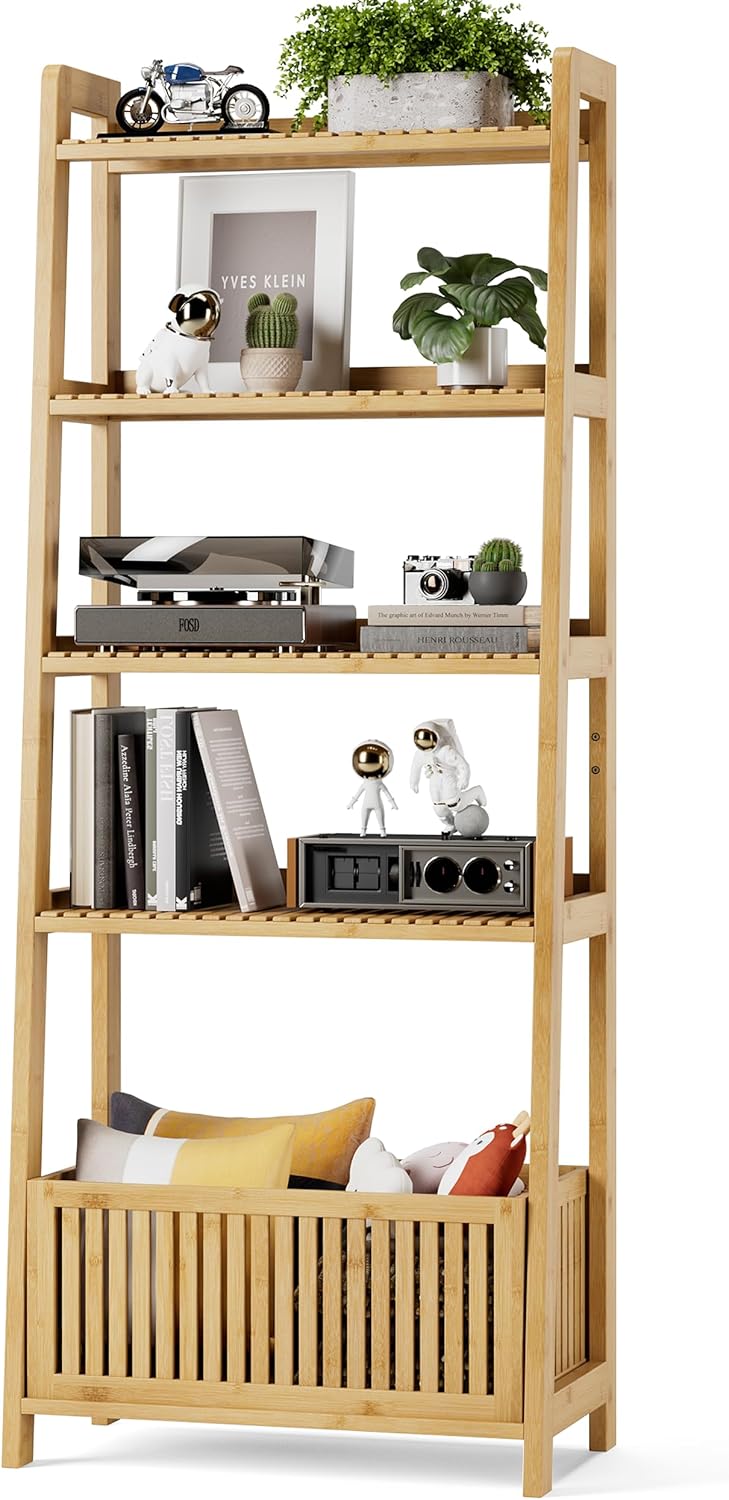 Bamjoy Bamboo Ladder Shelf, Bookshelf with 4 Display Shelves and 1 Open Stora...