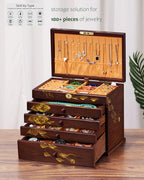 Hand-drawn rose Jewelry Box Wood for Wowen,6-Layer Wooden Jewelry Organizer Boxes with 4 Drawers dresser, Vintage Multi-functional Jewelry Storage Case with lock