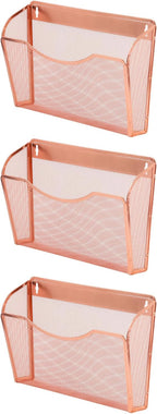 EASEPRES 3 Single Pocket Mesh Hanging File Organizer, Vertical Wall Mounted Magazine File Holder, Mount Basket Mail Paper Document Folder Organizing for Office, Home and School, Rose Gold