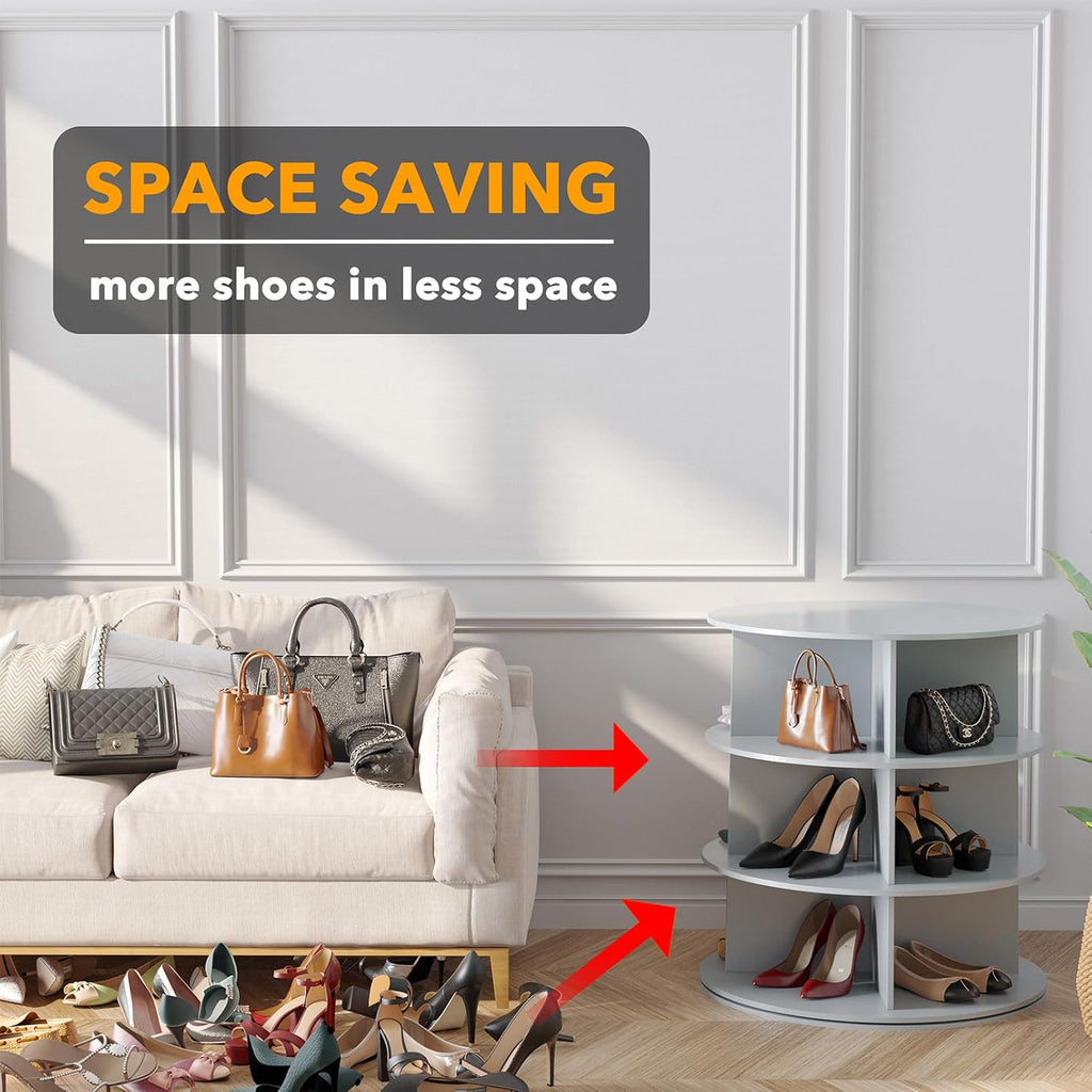 SpaceAid 3 Tier Rotating Shoe Rack Tower, Spinning Shoe Display Lazy Susan, Revolving 360 Shoe Rack Storage Round Carousel, Vertical Handbag Rotate Shoes Closet Organization (3-Tier Gray)