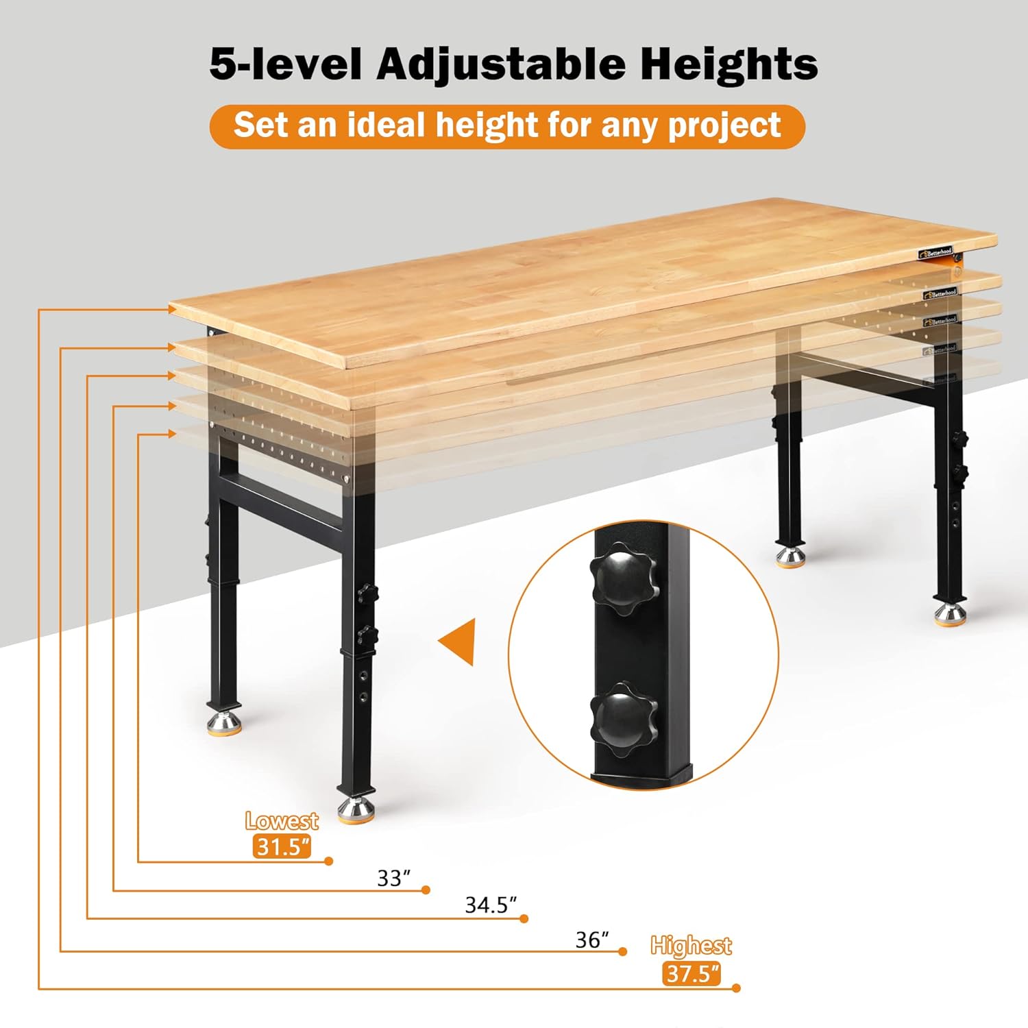 Betterhood 60" Heavy-Duty Adjustable Workbench for Garage, Rubber Wood Shop Table W/Double Pegboards & Drawer,Hardwood Workstation Weight Capacity Over 2000 Lbs
