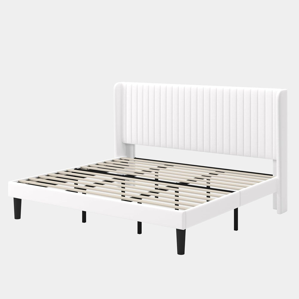 GOLDORO Upholstered King Size Bed Frame with Wingback Headboard, White