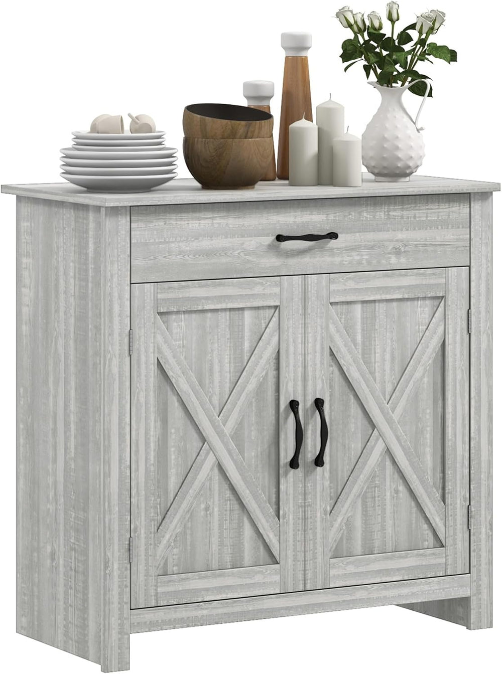 HOMCOM Farmhouse Sideboard Buffet Cabinet Barn Door Gray